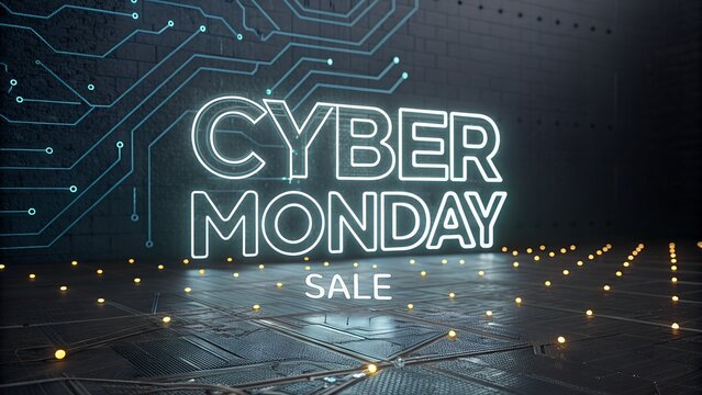 Cyber monday sale with glowing neon text and circuit board background