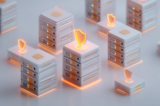 Isometric Data Servers with Security Shields: Secure Cloud Computing and Data Protection Concept with Network Servers - Powered by Adobe