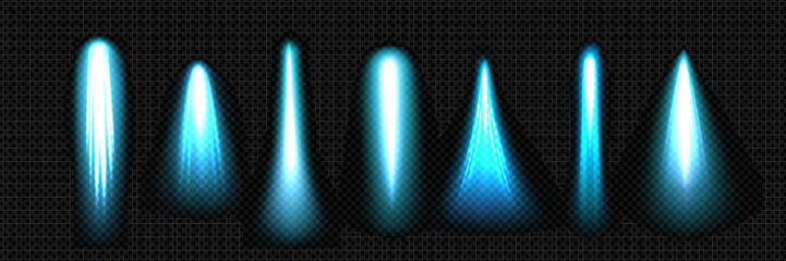 Blue rocket exhaust with fire trails and jet propulsion streams for spaceship engine effect or sci fi design. Glowing plasma boost with bright energy thrust. Neon flame on transparent background.