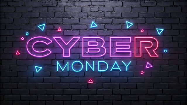 Cyber monday neon sign with triangles on a brick wall - Powered by Adobe