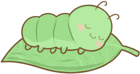 Cute Cartoon Caterpillar Sleeping on Green Leaf