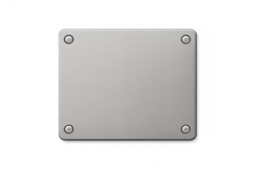 Brushed metal plate with rounded corners and rivets, isolated on transparent background, copy space