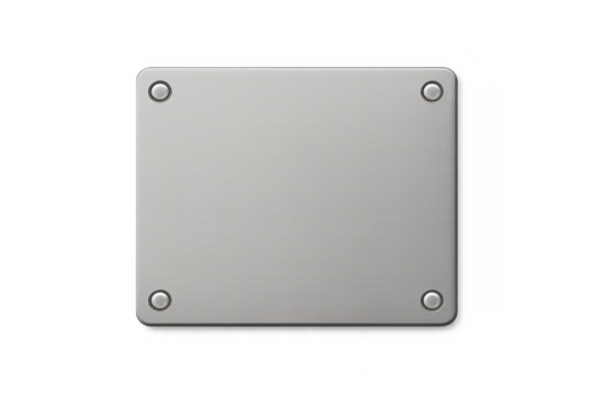 Brushed metal plate with rounded corners and rivets, isolated on transparent background, copy space
