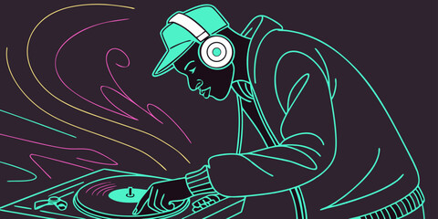 Dynamic DJ crafting beats and mixing music with glowing neon sound waves emanating from the turntable, perfect for club nights and party promotions