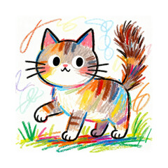 Charming hand-drawn illustration of a playful, multi-colored kitten walking through green grass with colorful scribbles in the background, evoking a sense of childlike wonder and creativity