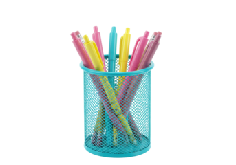 Isolated stationery supply, container with pink and yellow pens, in an office or classroom