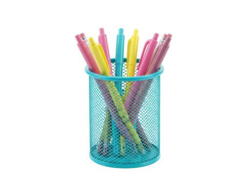Isolated stationery supply, container with pink and yellow pens, in an office or classroom