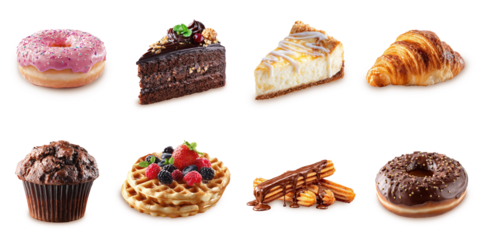 Assorted dessert collection, variety of sweet treats set, pastries, cheesecake, pink donut, churros, pink donut. Colorful and appetizing dessert, gourmet desserts isolated on white background