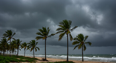Fototapeta premium Palm trees on a sandy beach under a stormy, dark, and cloudy sky