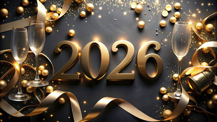 Obraz premium Festive preparations are underway for New Year 2026, featuring golden decorations, champagne glasses, and shimmering confetti for a joyful celebration