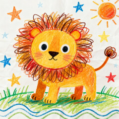 Adorable Cartoon Lion Illustration with Colorful Stars and a Cheerful Sun on a Textured Background
