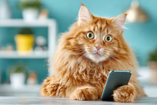 Anthropomorphic cat with phone gazes fearfully. Silent control system. Why danger often comes in the form of moral expectations. Morality in life. Suppressed choice.