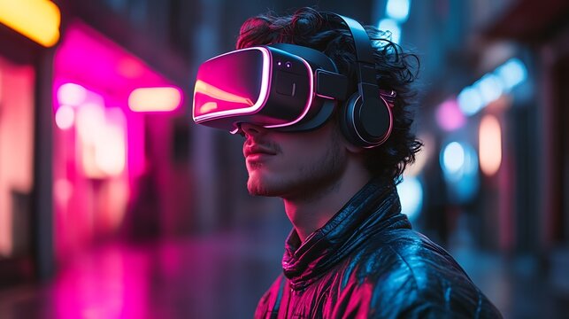 Man with vr headset and headphones in a neon lit cityscape environment - Powered by Adobe