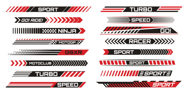 Racing stripe decals for motorcycle customization with bold red and black sticker graphics. Dynamic speed lines, chevron arrows, checkered patterns and sporty text labels for vehicle branding design.