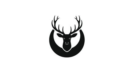 A silhouetted deer's head with antlers centered within a crescent-shaped element, on a white backdrop
