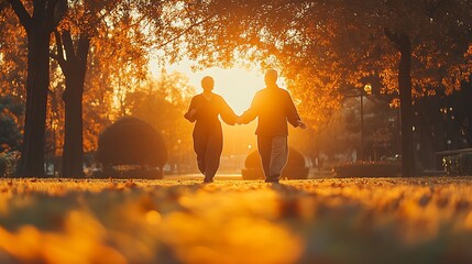 Couple holding hands walks in park during sunset with golden leaves ground