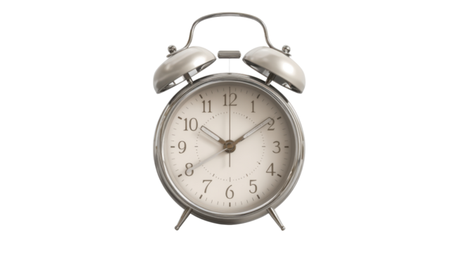 Classic vintage silver alarm clock showing time symbolizing punctuality, morning routine, schedule and timeless retro design concept isolated on white background
