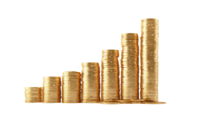 Increasing stacks of shiny gold coins symbolizing financial growth, investment, wealth, business success and economic profit concept isolated on white background