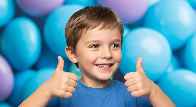 Excited Young Boy Giving Thumbs Up in Front of Balloons.