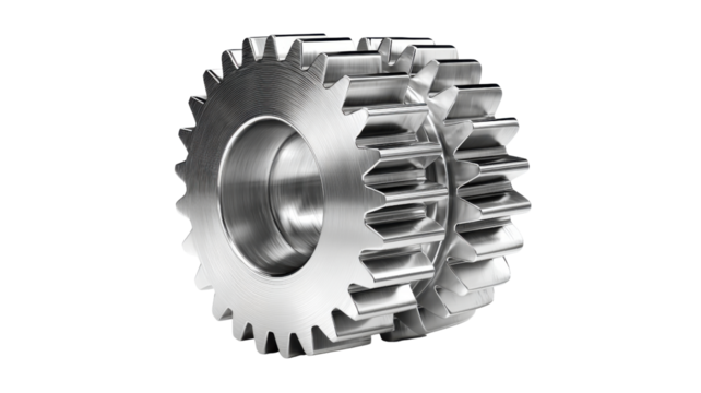 Shiny metallic steel gear cogwheel for mechanical engineering, technology, precision industry and industrial machinery concept isolated on white background
