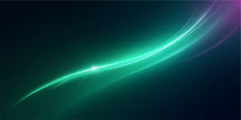 Abstract glowing green and purple light streaks flowing across a dark background
