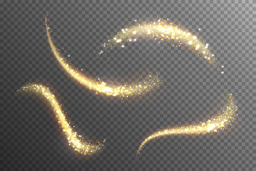 Golden shimmering sparkles and glitter trails swirling and dancing across a dark transparent background creating a magical and festive atmosphere