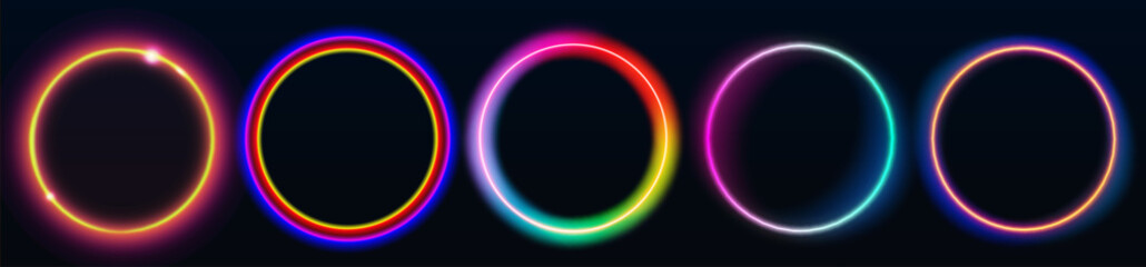 Glowing neon circle halo frames with vibrant rainbow gradient effects for futuristic UI or cyberpunk design. Colorful ring light borders on dark background with electric glow. Digital portal elements