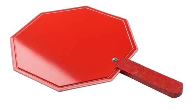 Red octagon stop sign with wooden handle isolated for safety warning, traffic control and caution concept illustration on white background

