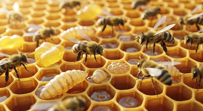 Close up of a honeycomb with bees and larvae.