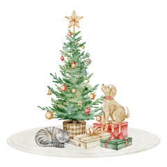 Watercolor Christmas tree with baubles and garlands. Drawing of gifts, cat, and dog in cozy holiday scene for Xmas greeting cards or New Year invitations. Art for holiday posters and festive decor.