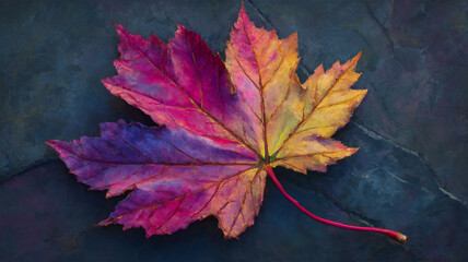 深い石面に一枚のカエデを絵画的な筆致で重ねたアート風の秋の質感