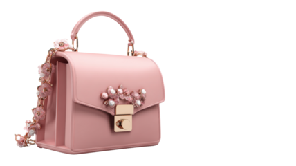 Elegant pink women handbag with floral pearl decoration and golden chain luxury fashion accessory style and design concept isolated on white background