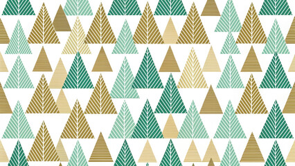 This vibrant winter pattern showcases triangles representing evergreen trees in green, gold, and mint colors. It captures the joy of Christmas and New Year celebrations in 2026