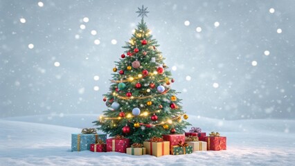 Obraz premium Festive decorated christmas tree surrounded by wrapped gifts snowflakes