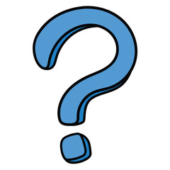 Hand-drawn cartoon blue question mark on a white background.