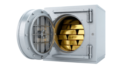 Open metal bank vault door revealing stacked gold bars symbolizing wealth finance security savings investment and money protection concept on white background