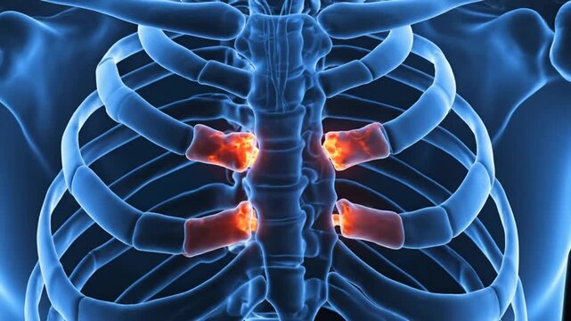 Medical Illustration of Human Rib Cage Highlighting Inflammation and Pain.