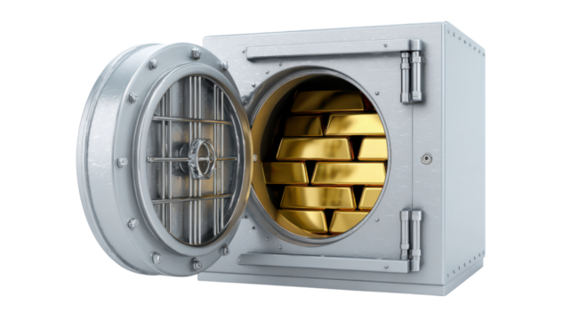 Open metal bank vault door revealing stacked gold bars symbolizing wealth finance security savings investment and money protection concept on white background