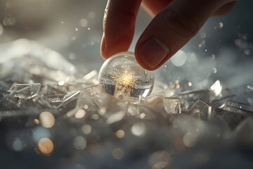 Capturing the Light: Hand Placing Glimmering Glass Marble on Ice Shards