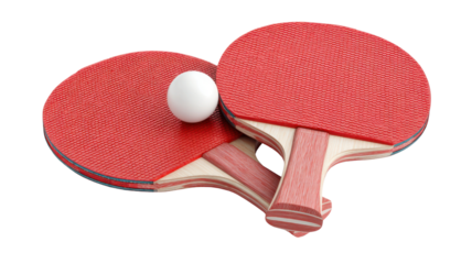 Two red table tennis paddles and white ball symbolizing sport recreation competition and indoor game equipment concept isolated on white background