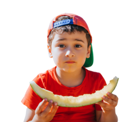 Sad caucasian little boy in casual finished eat watermelon sitting against transparent background, give me more. Tourism, family leisure, childhood. Cute American kid at outdoor trip.