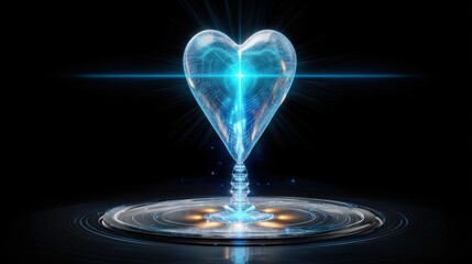 A glowing cybernetic heart, presented as a futuristic projection. A symbol of innovation and emotion in the digital world. A concept of love and technology.