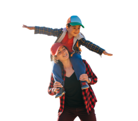 Happy little boy sitting on mom's neck spreads hands like airplane against transparent background , traveling. Family leisure outdoors, childhood. Tourism. young woman plays with son.