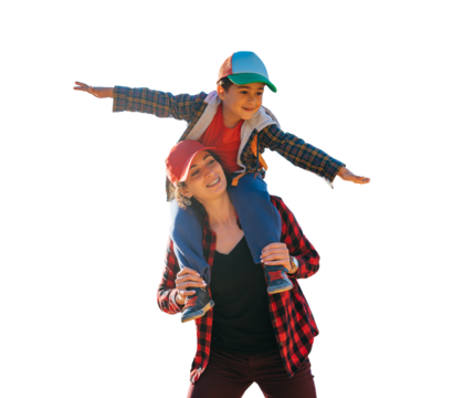 Happy little boy sitting on mom's neck spreads hands like airplane against transparent background , traveling. Family leisure outdoors, childhood. Tourism. young woman plays with son.