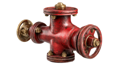 Old red industrial valve with metal bolts and brass fittings representing engineering, plumbing, water control and mechanical system equipment on white background