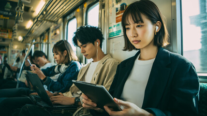 男女の日本人が電車内でノートPCやタブレットを扱う通勤風景