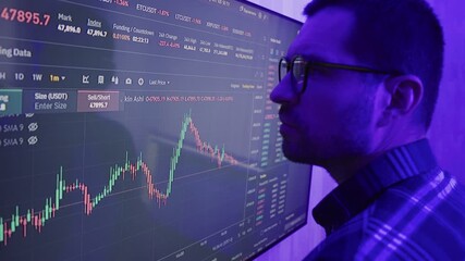 Young man trader watching stock trading market financial data. Slow motion - Powered by Adobe