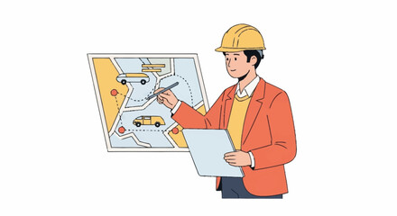 A civil engineer in a hard hat points to a transportation map while holding a clipboard.