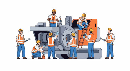 A team of workers in hard hats and vests meticulously assembling a large industrial machine with tools.