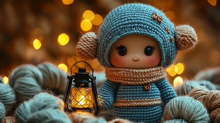Crocheted doll in blue outfit holds lantern in warm scene Generative AI